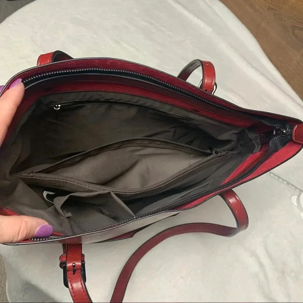 Brick red faux leather purse gray interior